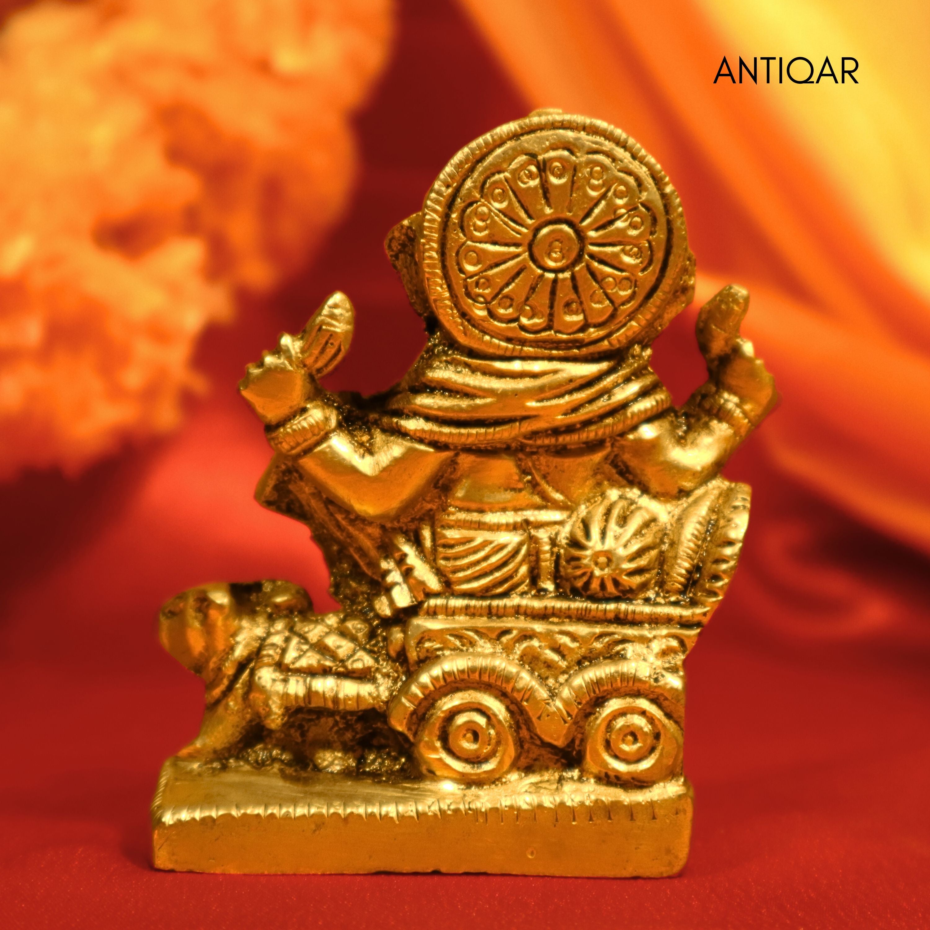 Brass Ganesh Ji on rat-Drawn Chariot – 9 cm | Antique Golden Finish | Handcrafted Idol for Temple, Home & Table Decor
