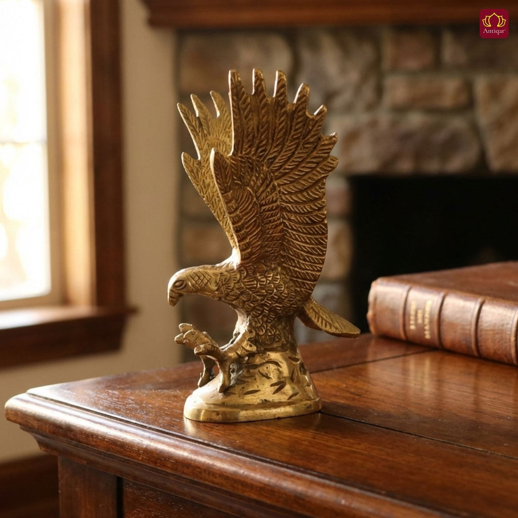 Brass Eagle Showpiece – 16 cm | Upward Wings Sitting on Rock with Carving | Superfine Finish | Handcrafted Decor for Home, Table & Vastu Use