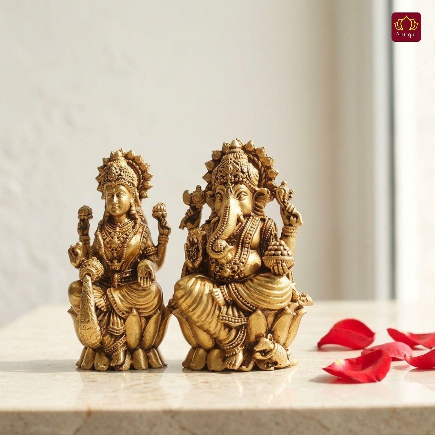 Brass Ganesh Laxmi pair Idol - 7.5cm | Antique Finish | Spiritual Idol for Temple & Home Decor