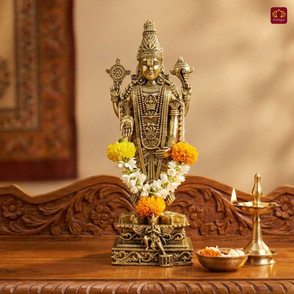 Brass Shree Venkateshwara Ji Idol - 15cm | Golden Finish | Spritual use for Home, Temple & Car Dashboard Decor