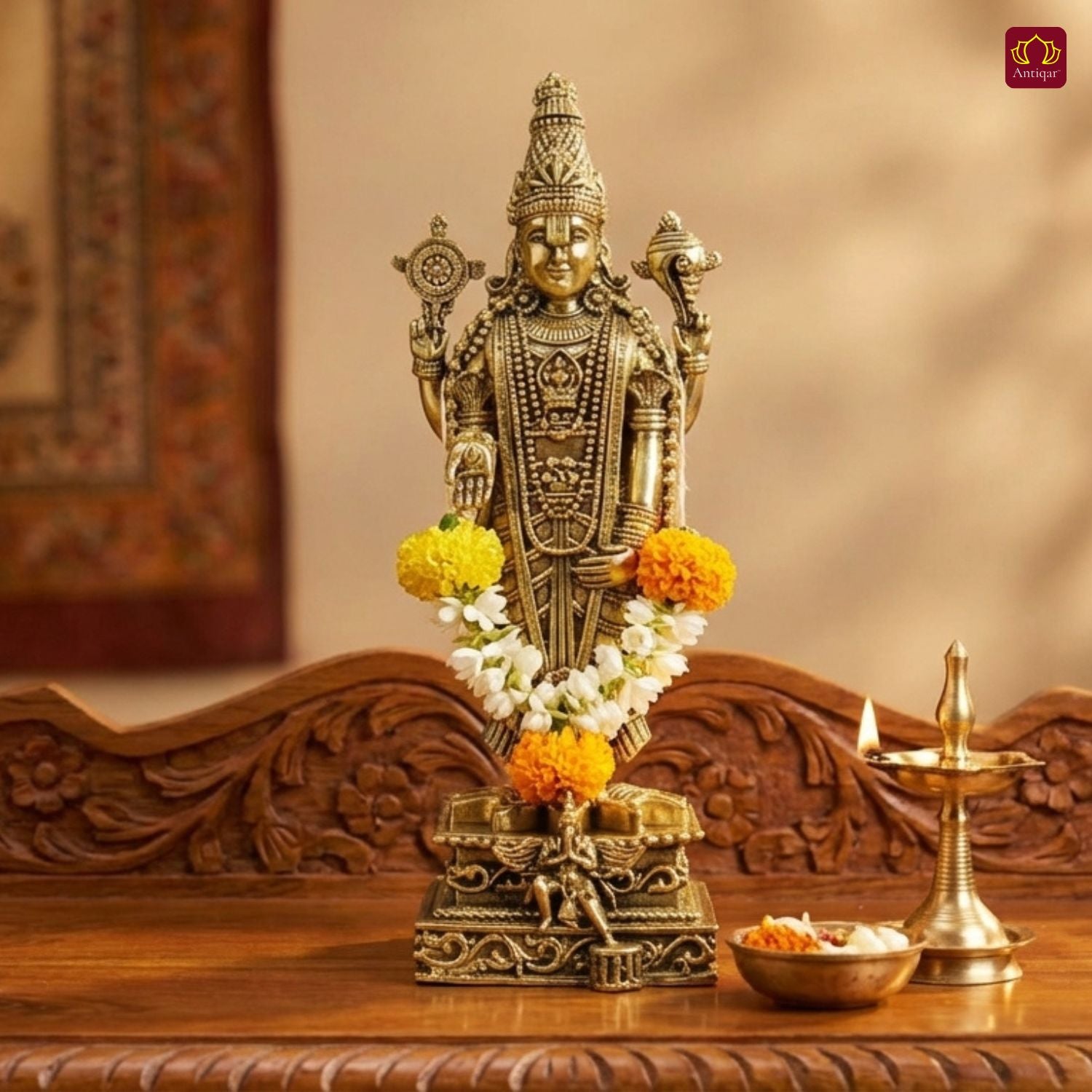 Brass Shree Venkateshwara Ji Idol - 15cm | Golden Finish | Spritual use for Home, Temple & Car Dashboard Decor