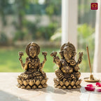 Brass Ganesh Laxmi pair Idol - 6.5cm| Sitting on Lotus | Antique Finish | Spiritual Decor for Temple, Home & Car Dashboard