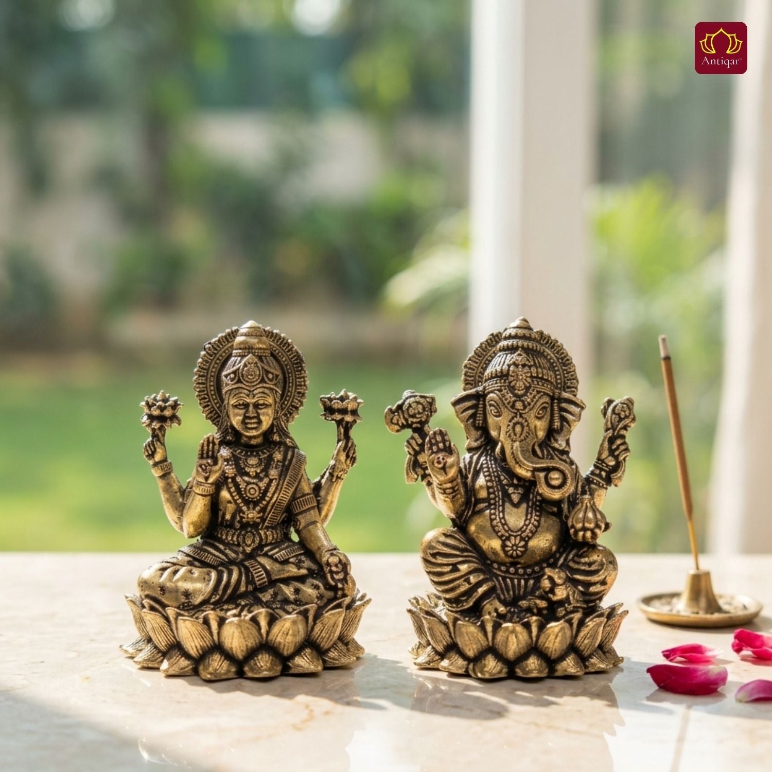 Brass Ganesh Laxmi pair Idol - 6.5cm| Sitting on Lotus | Antique Finish | Spiritual Decor for Temple, Home & Car Dashboard