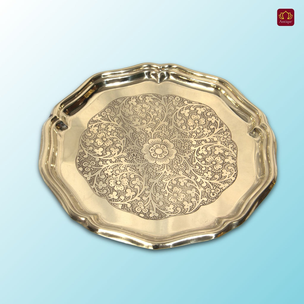 Brass Etching Design Plate - 20cm | Antique Golden Finish | Traditional use for Pooja in Temple, Festivals and Home
