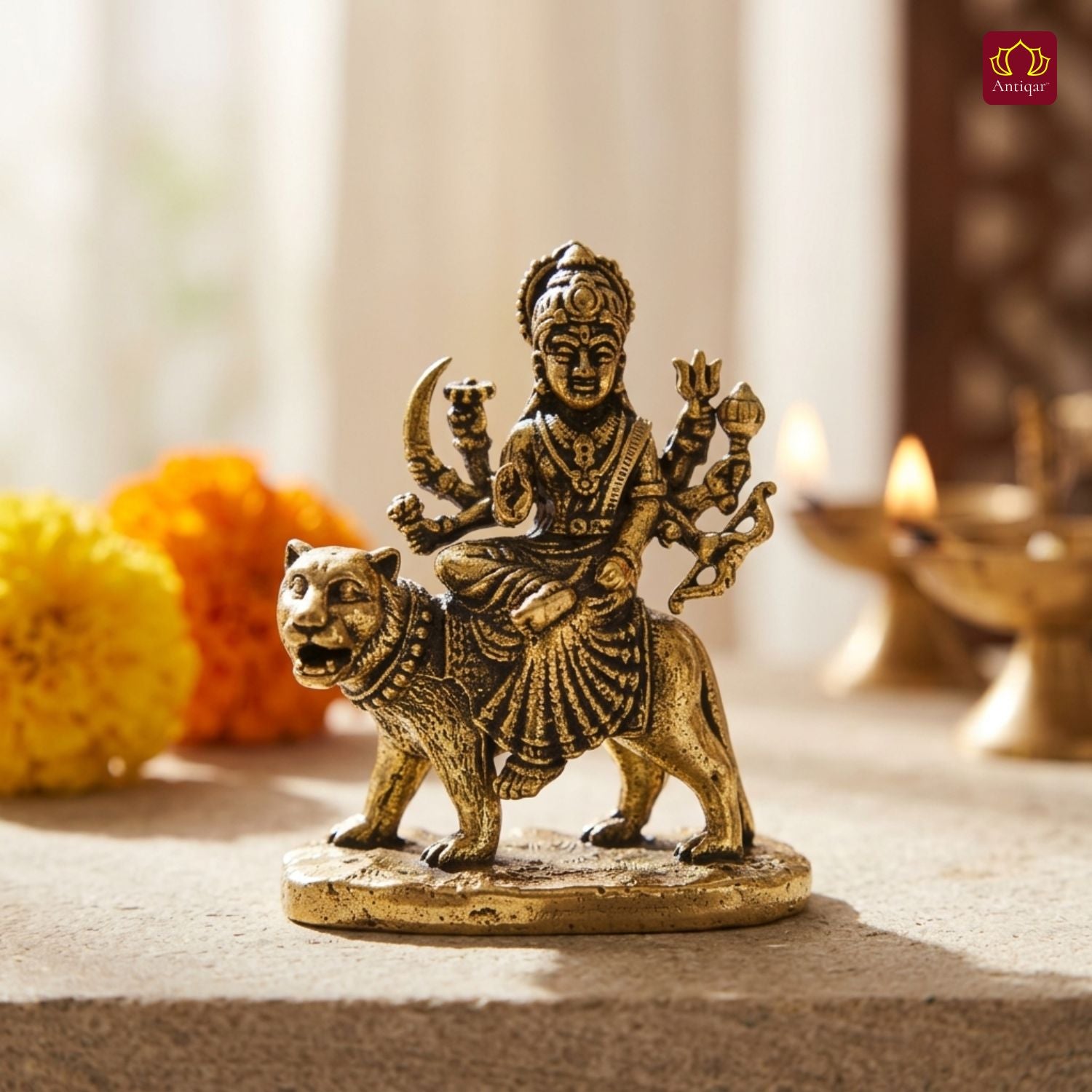 Brass Miniature Sherawali Maa Idol - 2.5cm | Antique Finish | Spritual use for Home, Temple & Car Dashboard Decor