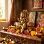 Brass Singhasan Ganesh Idol - 8cm | Antique Golden Finish | Spritual use for Home, Temple & Car dashboard Decor