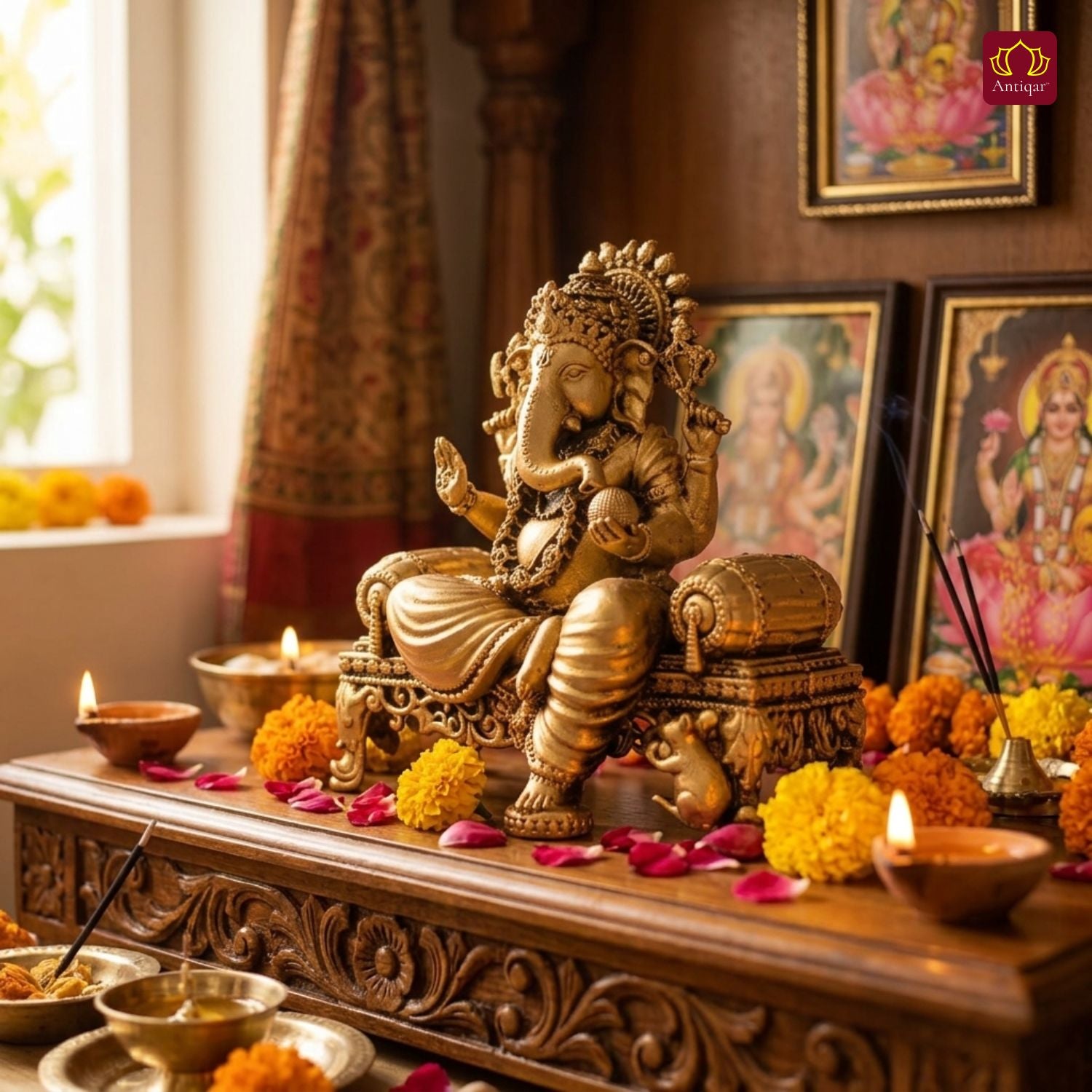 Brass Singhasan Ganesh Idol - 8cm | Antique Golden Finish | Spritual use for Home, Temple & Car dashboard Decor