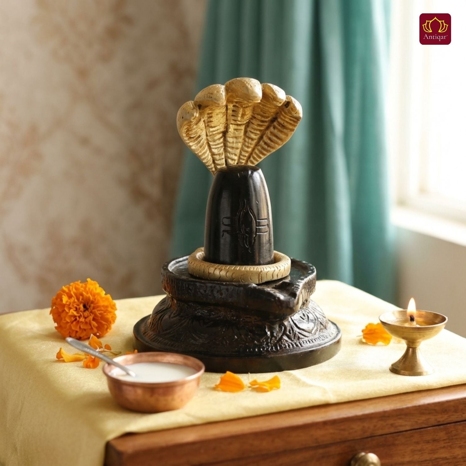 Brass Shivling with Detachable Sheshnaag – 10 cm | Black & Antique Golden Finish | Handcrafted Spiritual Idol for Temple, Home & Car Dashboard Decor