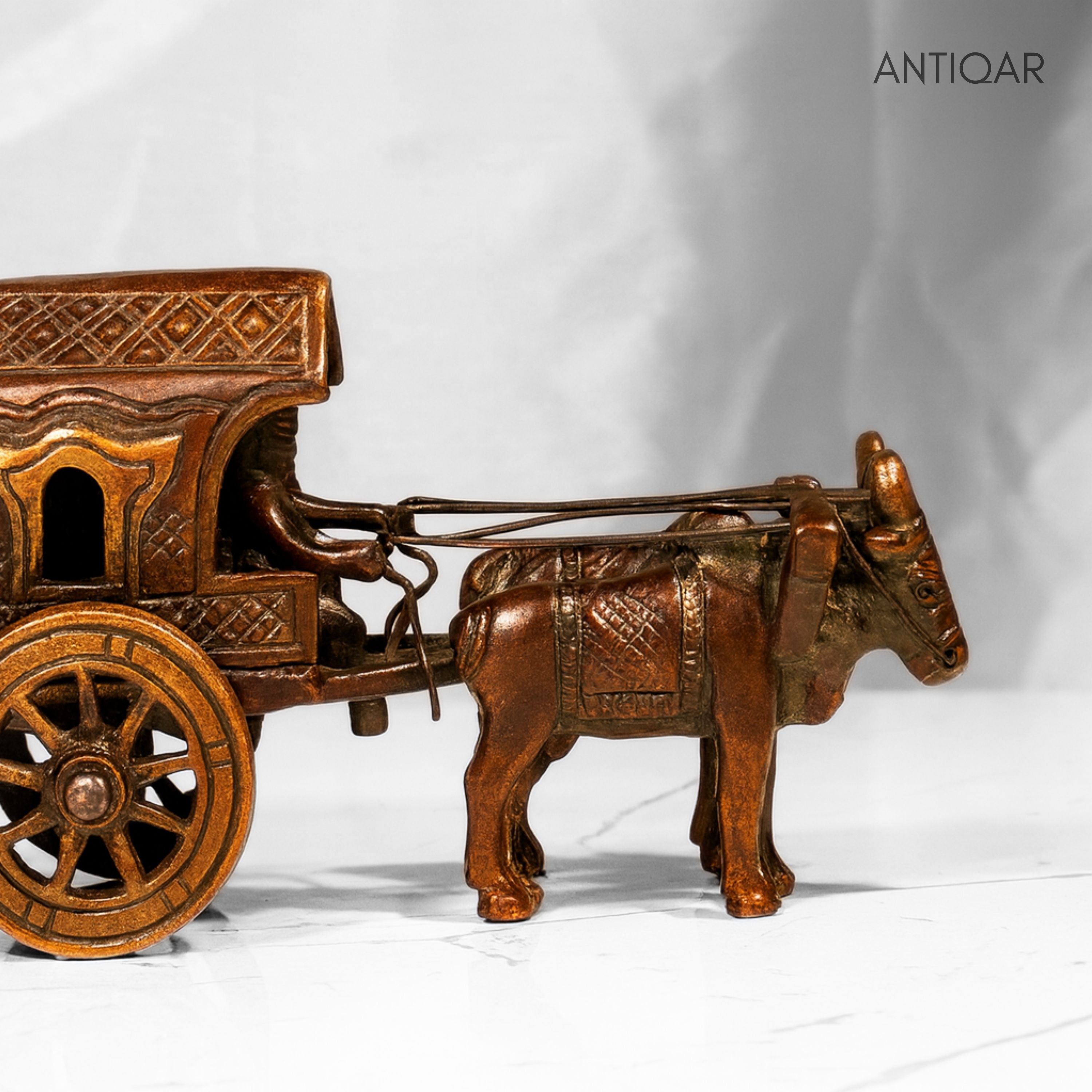 Brass Decorative Jharokha Bullock Cart Showpiece -7cm | Brown Antique Finish | Handicraft Showpiece for Home, Table & Office Decor