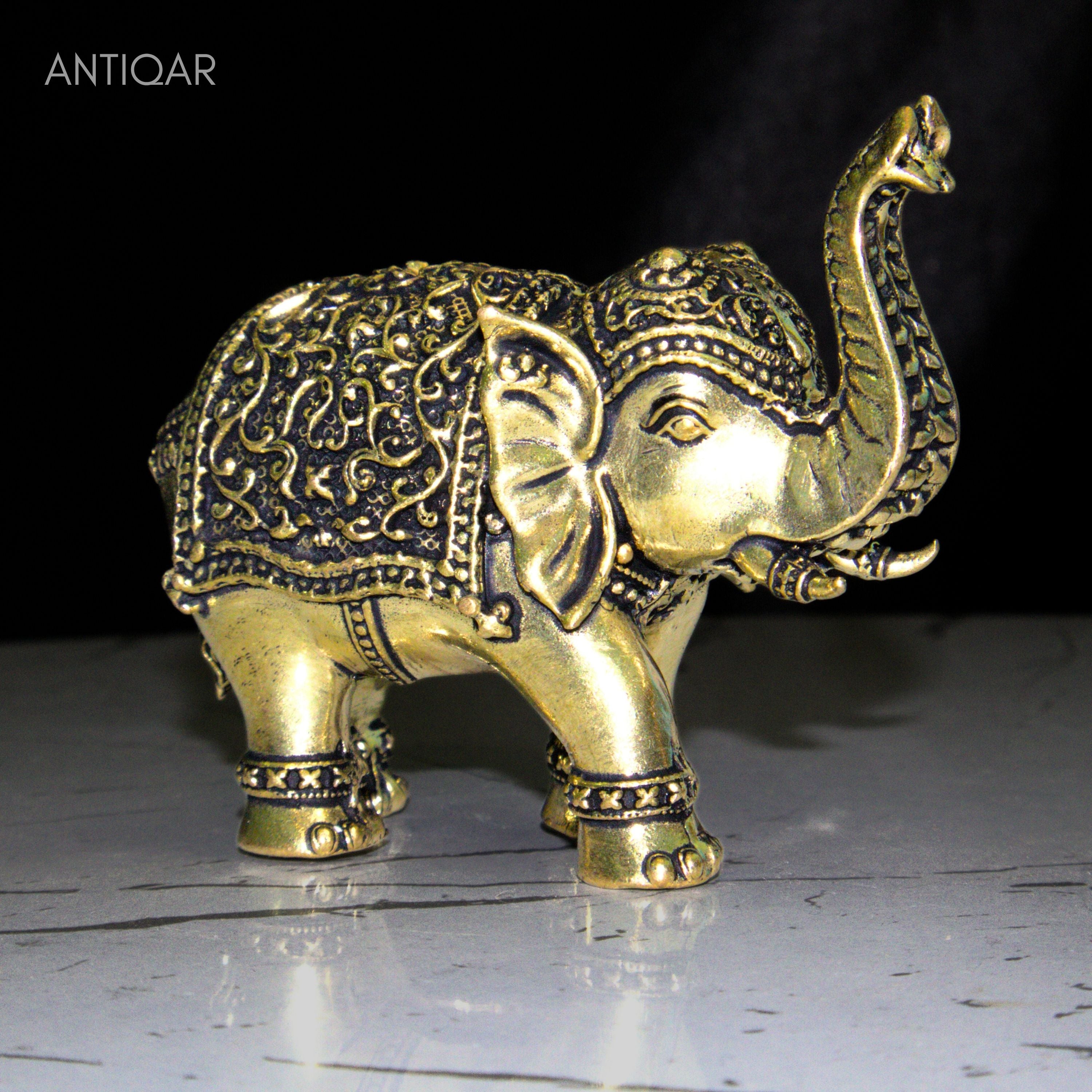 Brass Elephant Showpiece in Vintage Design - 8cm | Antique Golden Finish | Decorative Figurines for Temple, Home & Office