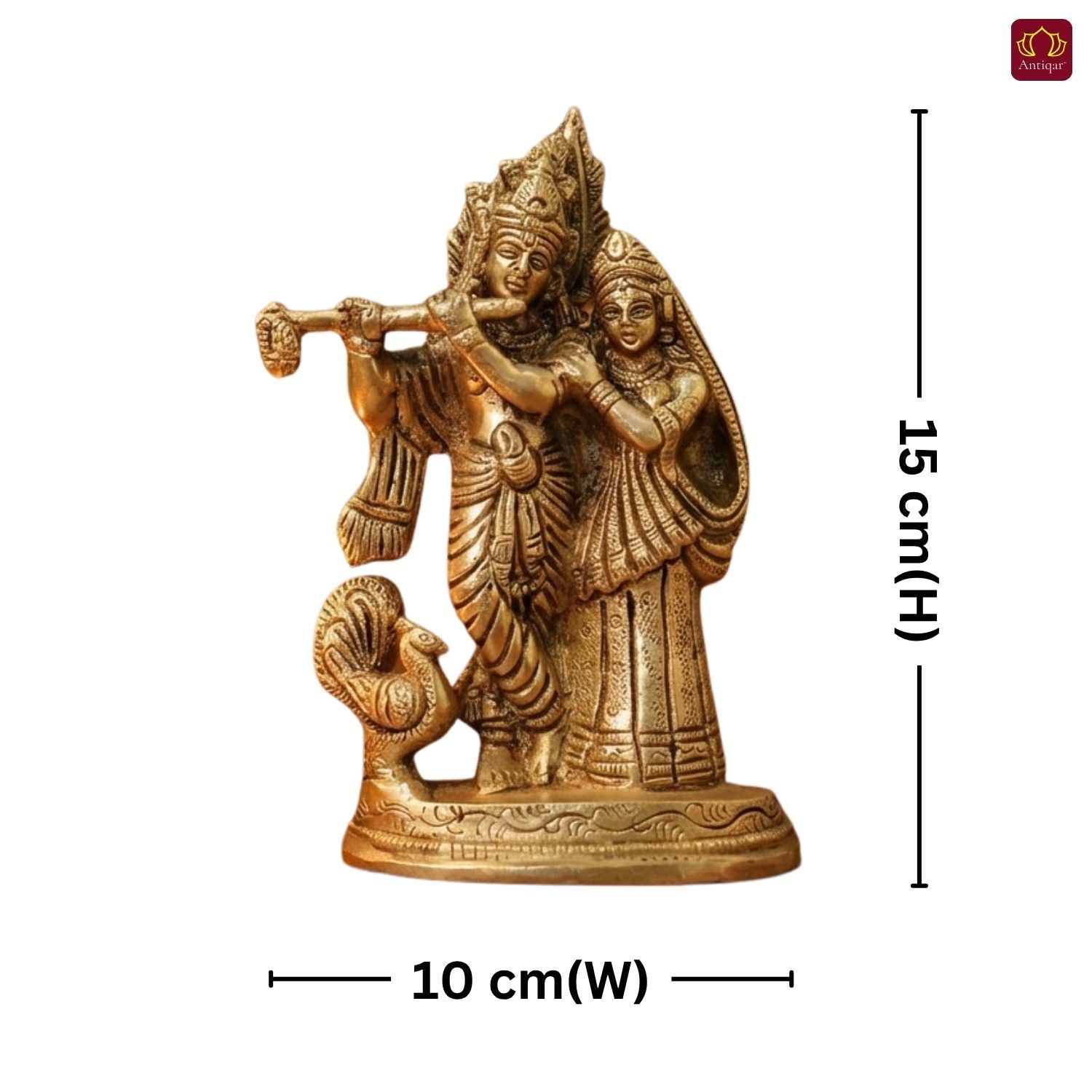 Radha Krishna Brass Idol with Peacock | Krishna Playing Flute with Radha | Handcrafted Single Piece for Home, Temple & Vehicle Decor