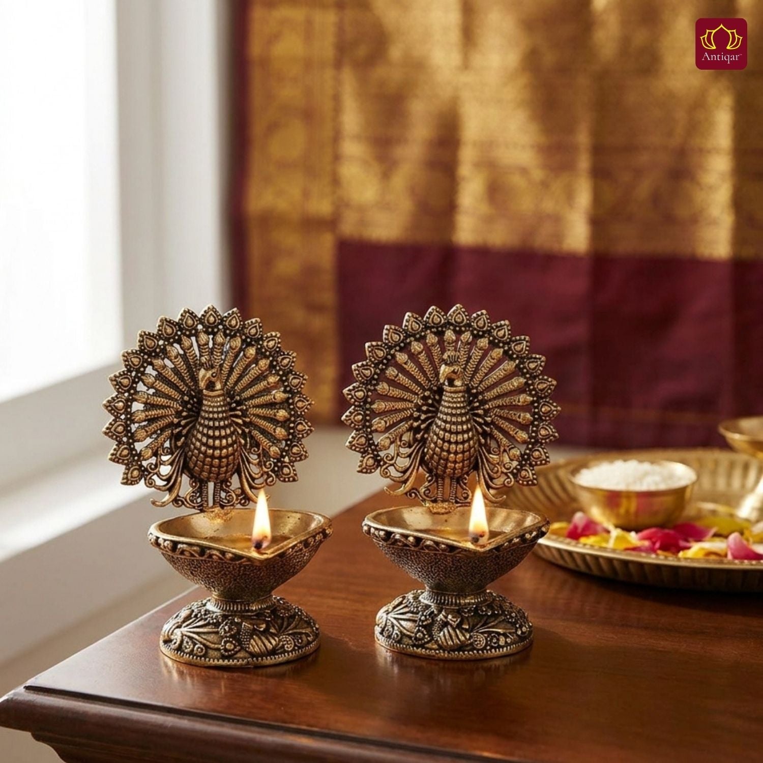 Brass Dancing Peacock on Diya - 7.5cm | Antique Finish | Spritual use for Pooja, Temple & Festival Decor (Pack of 2)