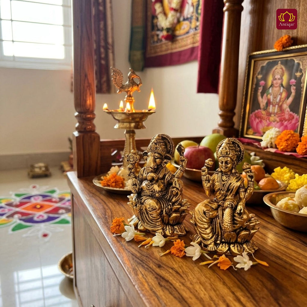 Brass Ganesh Laxmi Pair Idol - 4.5 cm | Golden Finish | Spiritual Idol for Temple & Home Decor