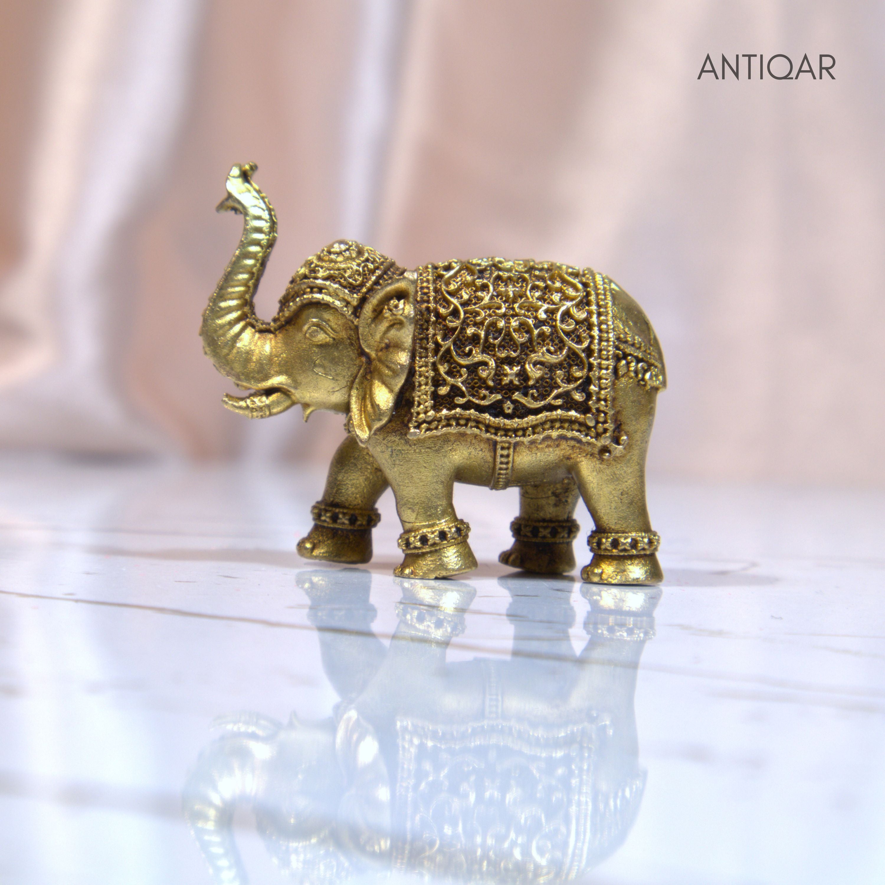 Brass Elephant Showpiece in Vintage Design - 3.5cm | Antique Golden Finish | Decorative Figurines for Temple, Home & Office