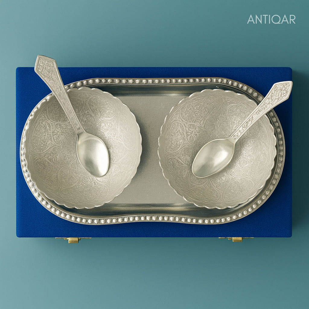 Royal Dry Fruit & Paan Dan Serving Set | Silver Plated | Blue Velvet Box | Set of 5 | Handcrafted Artistry | Festive & Decorative Showpiece