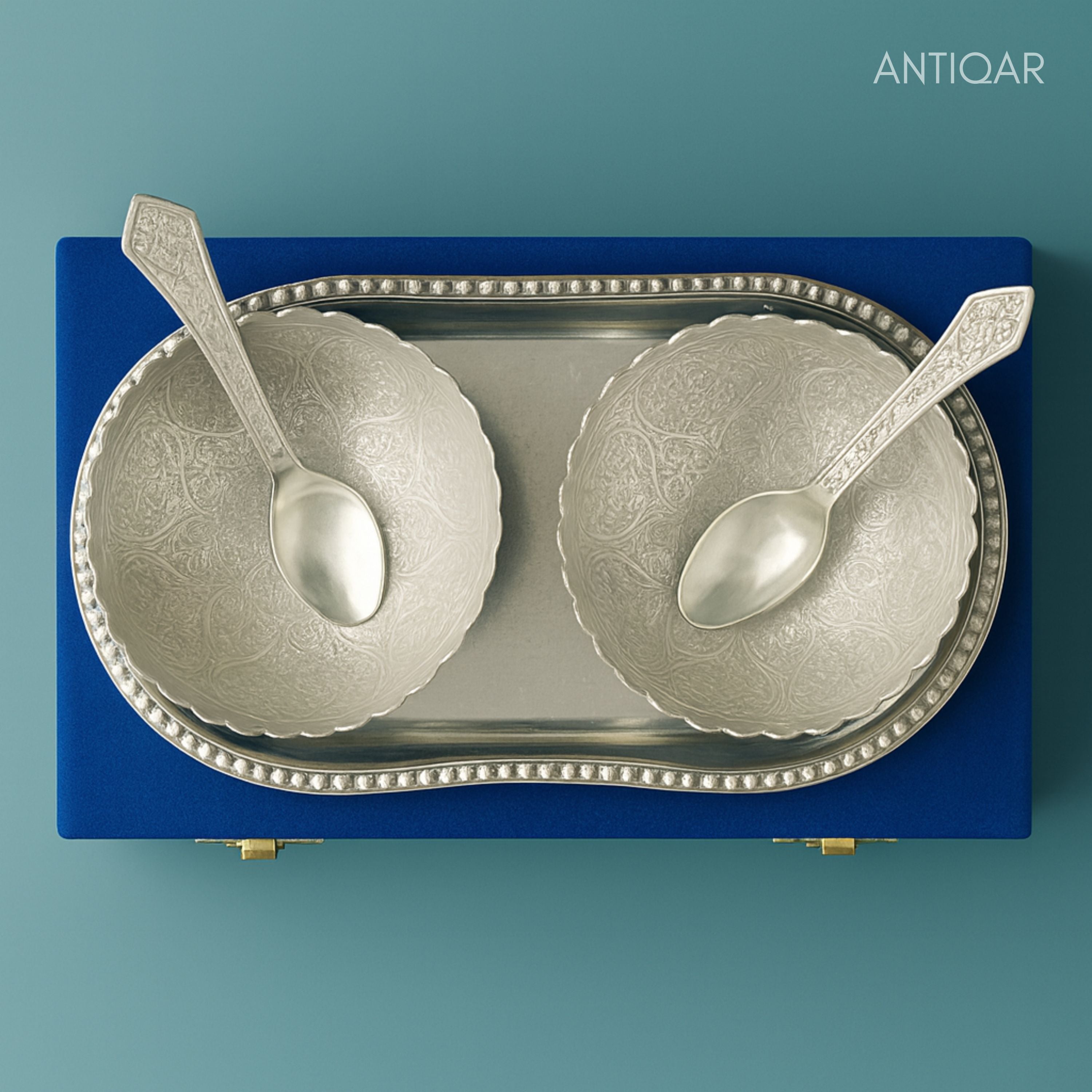 Royal Dry Fruit & Paan Dan Serving Set | Silver Plated | Blue Velvet Box | Set of 5 | Handcrafted Artistry | Festive & Decorative Showpiece