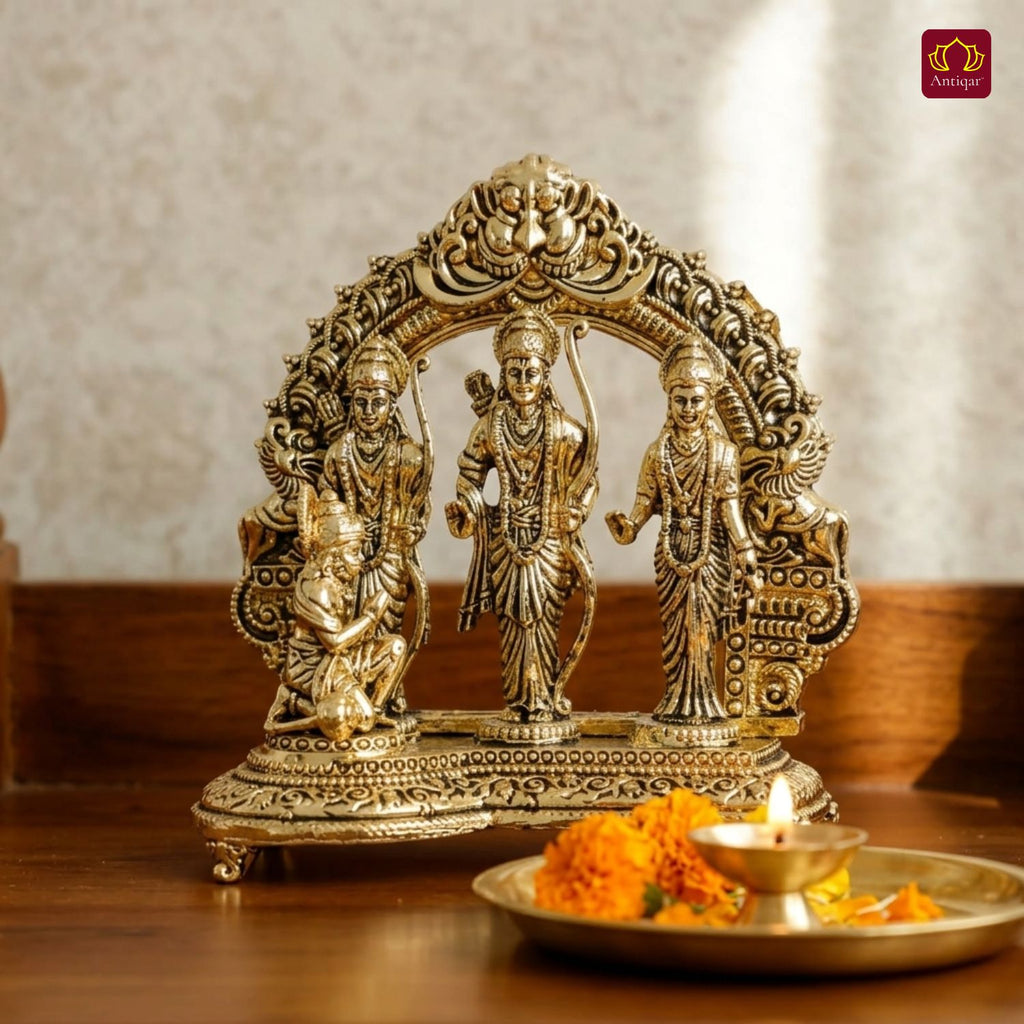 Brass Ram Darbar - 9cm | Golden Finish | Spiritual Idol for Temple & Home Decor