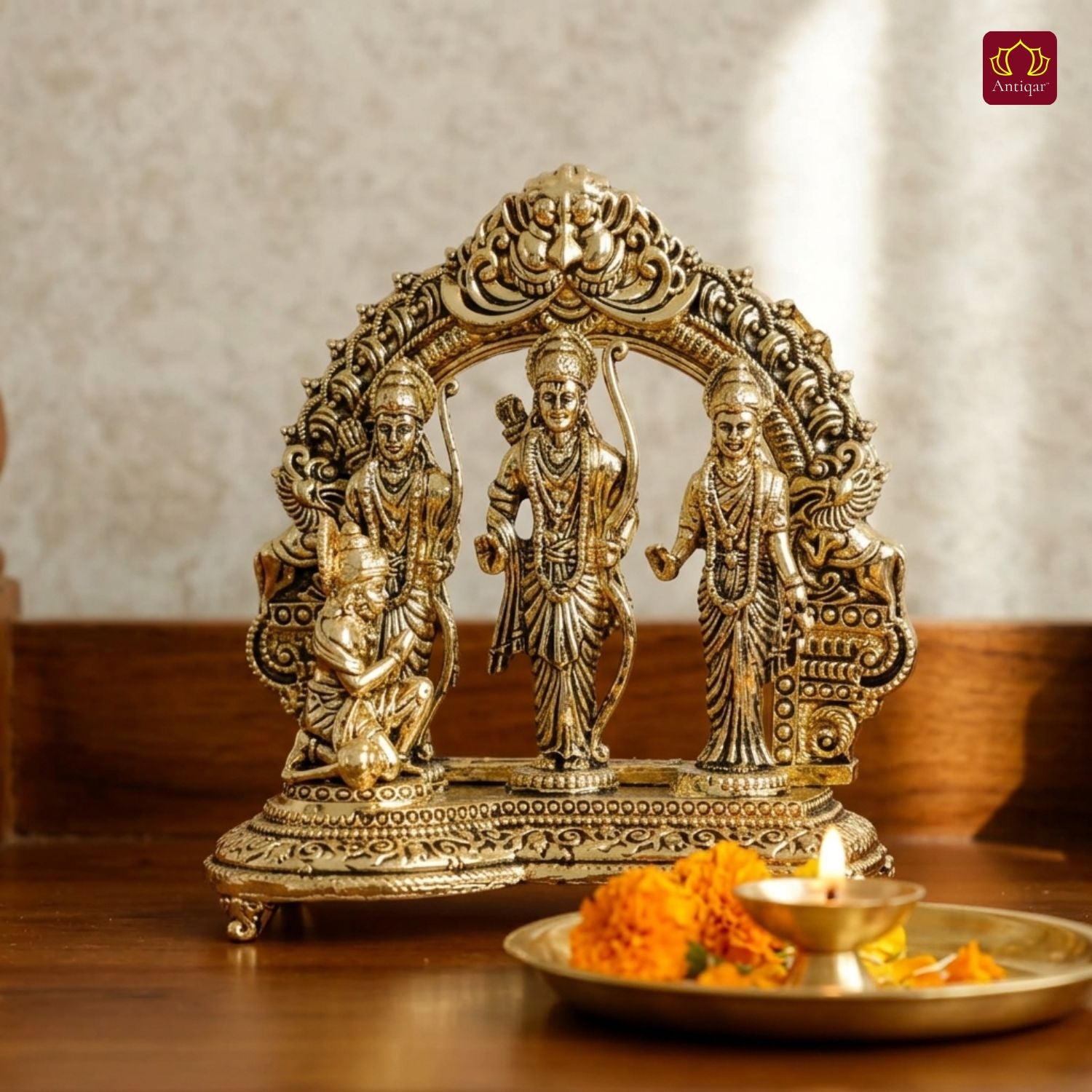 Brass Ram Darbar - 9cm | Golden Finish | Spiritual Idol for Temple & Home Decor