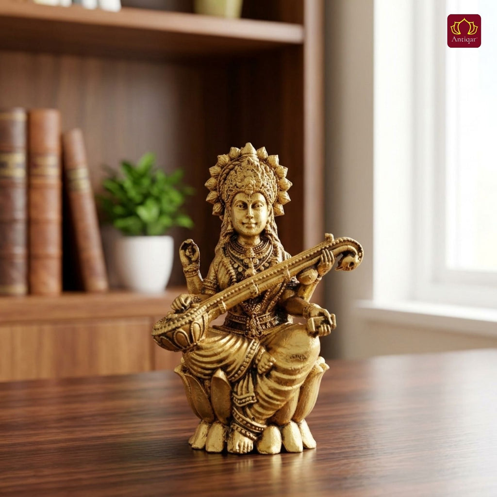 Brass Saraswati Ji Idol - 7.5cm | Antique Golden Finish | Spiritual Idol for Temple & Home Decor
