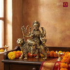 Brass Sherawali Maa Idol - 6.5cm | Sitting onTiger | Antique Golden Finish | Spiritual Idol for Temple & Home Decor