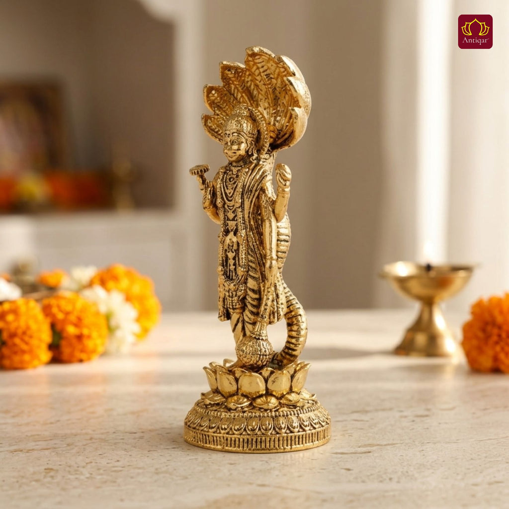 Brass Vishnu Ji Idol - 9cm| Standing on Lotus | GoldenFinish | Spiritual Decor for Temple, Home & Car Dashboard