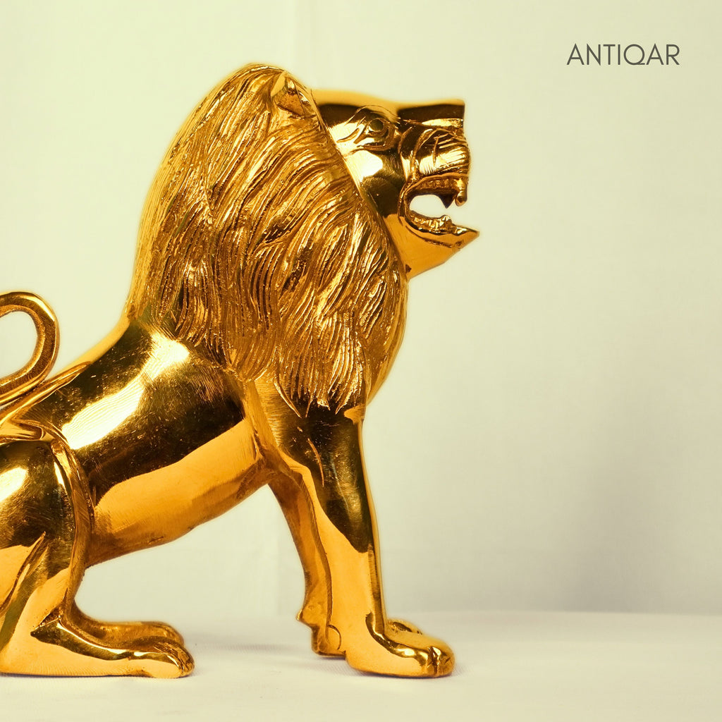 Antiqar Lion Pure Brass Figurine | Handicraft Artwork | Superfine Golden Finish | Home & Office Décor | Ideal for Gifting | Height 15cm