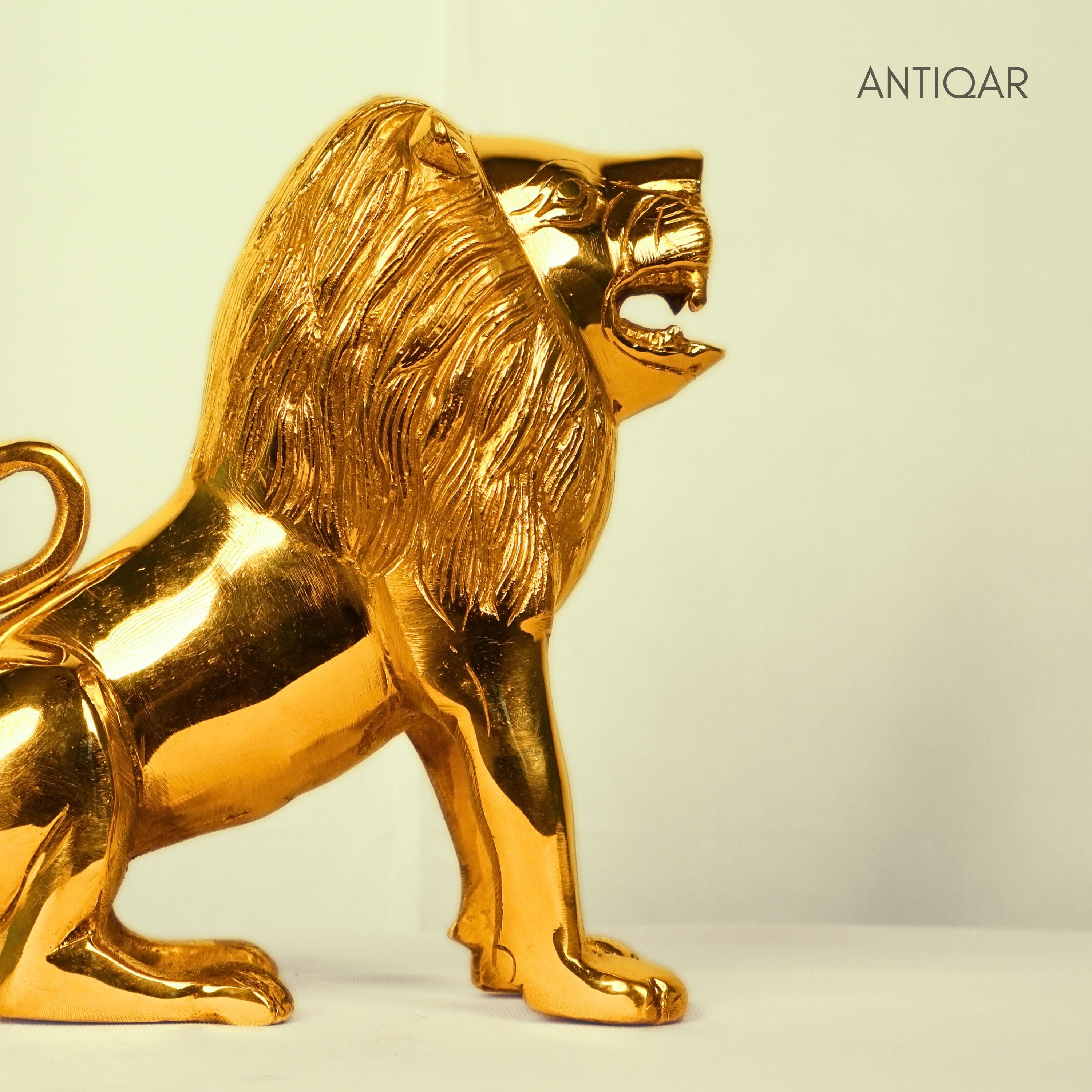 Antiqar Lion Pure Brass Figurine | Handicraft Artwork | Superfine Golden Finish | Home & Office Décor | Ideal for Gifting | Height 15cm
