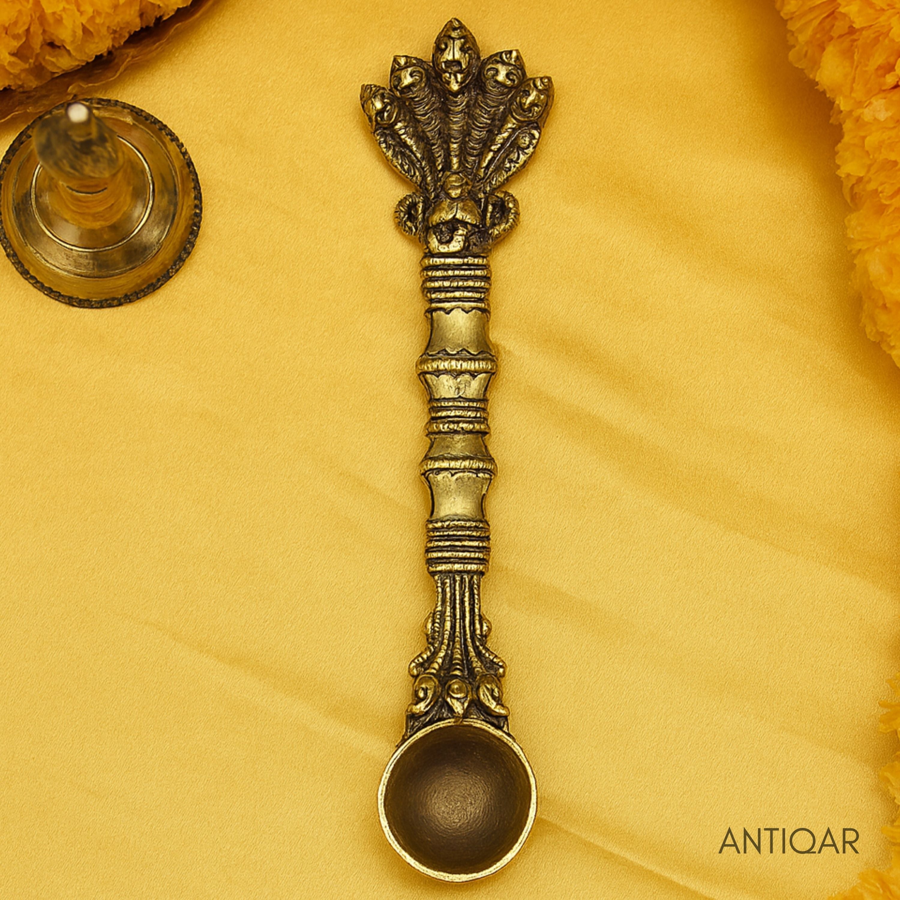 Brass Hawan Spoon – 2.5 cm | Sheshnaag Handle Design | Black Antique Finish | Handcrafted for Pooja, Temple & Festival Decor