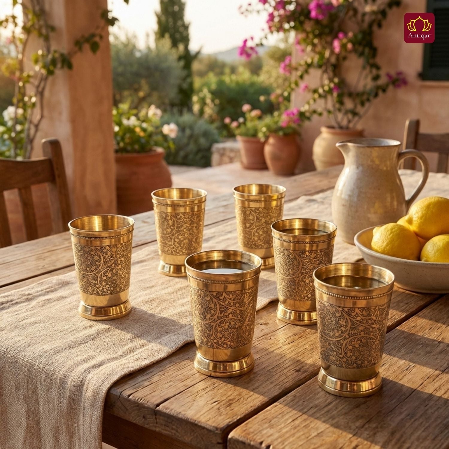 Brass Etching Design Glass - 10.5cm | Serve water & Milks | Antique Golden Finish | Traditional Mughlai Style use for serving in Kitchen, Festivals and Restaurents  (Pack of 6 set)