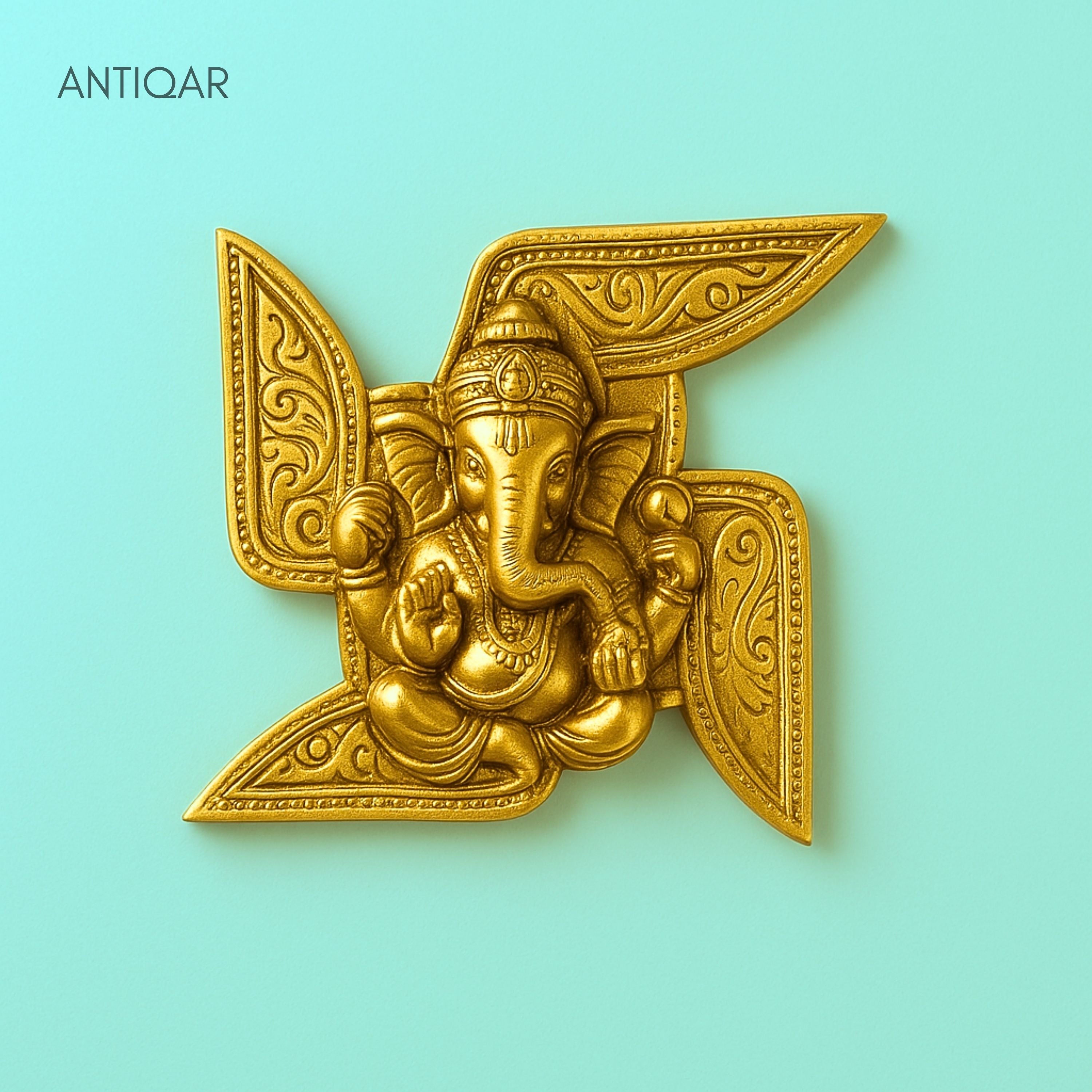 Brass Ganesha Swastik Wall Hanging – 17 cm | For Entrance and temple wall decor | Antique Golden Finish