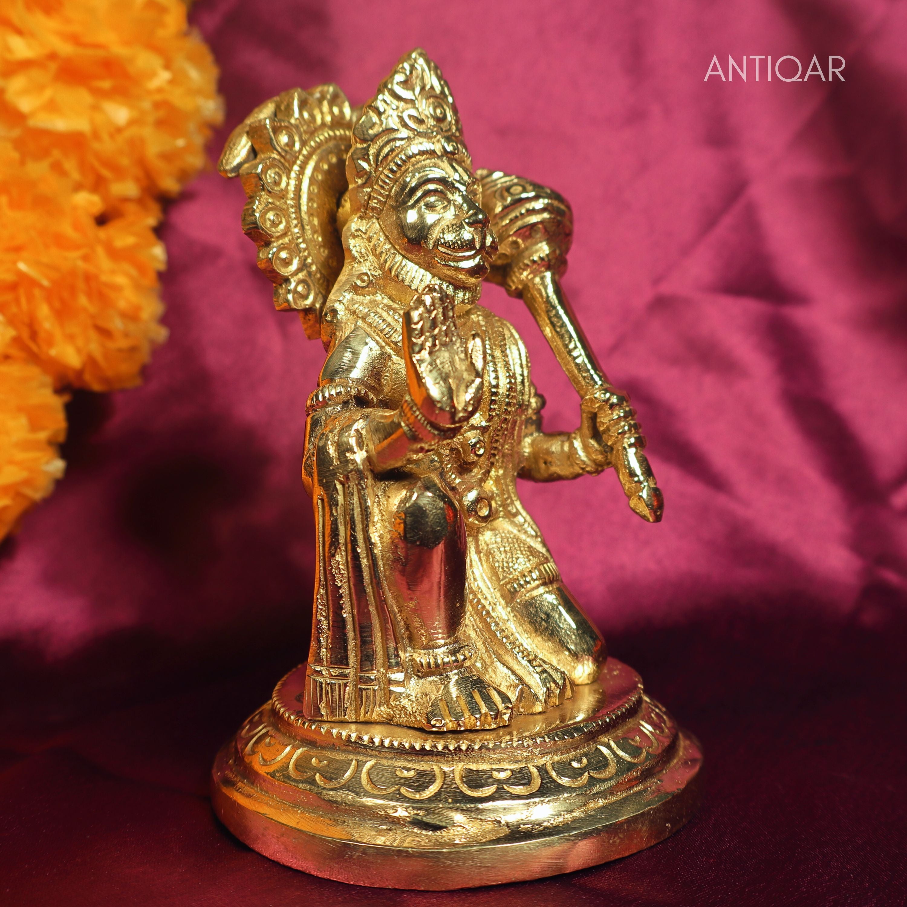 Brass Hanuman Ji Idol – 12 cm | Handcrafted Spiritual Idol for Temple, Home & Car Dashboard Decor