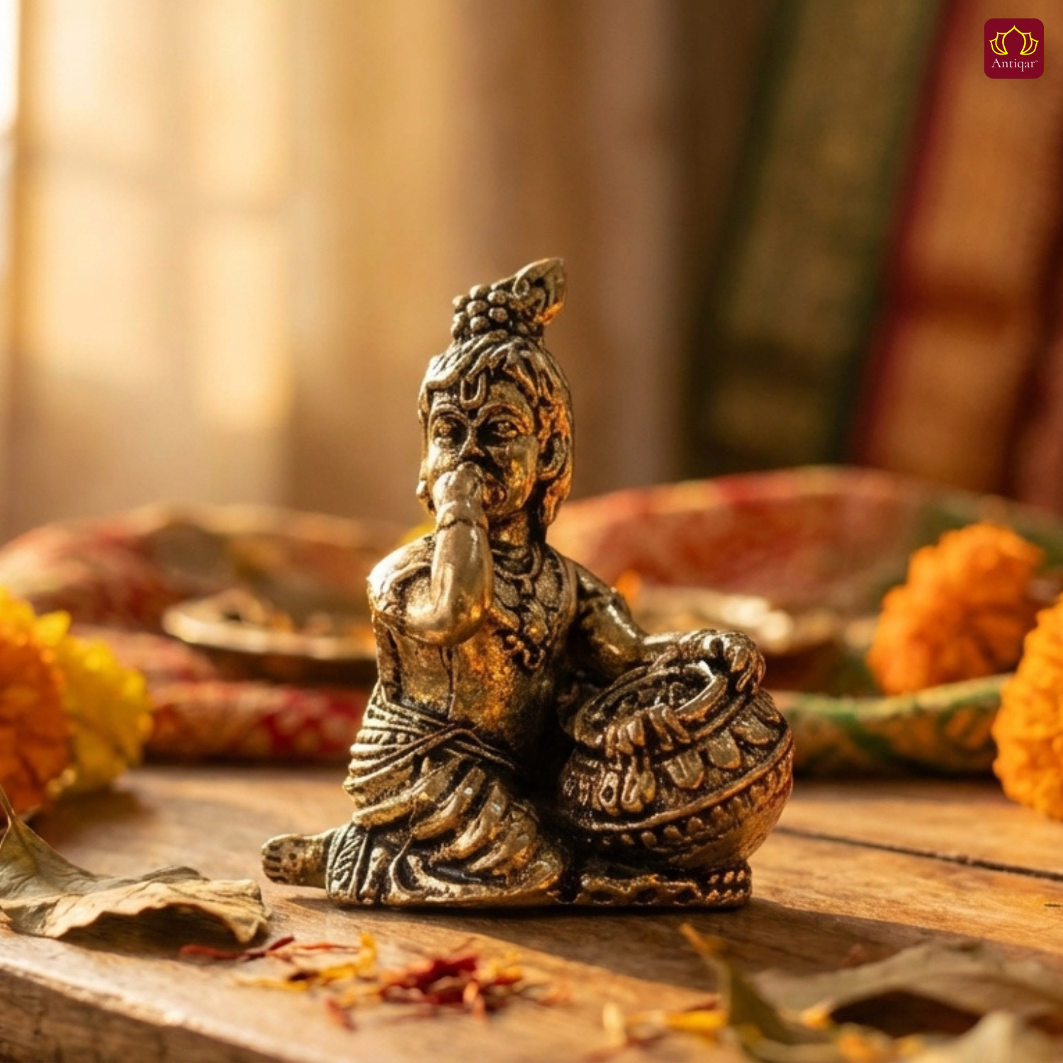 Brass Miniature Krishna idol with Makhhan Matka - 2.5cm | Antique Finish | Spritual use for Home, Temple & Car Dashboard Decor