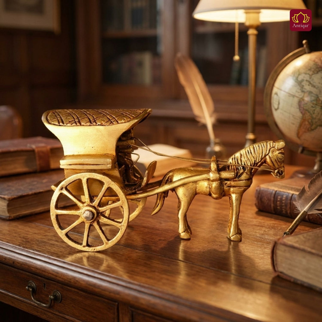 Brass Horse Cart Showpiece – 7.5 cm | Single Horse with Carved Roof | Antique Golden Finish | Handcrafted Decor for Festival, Temple & Home