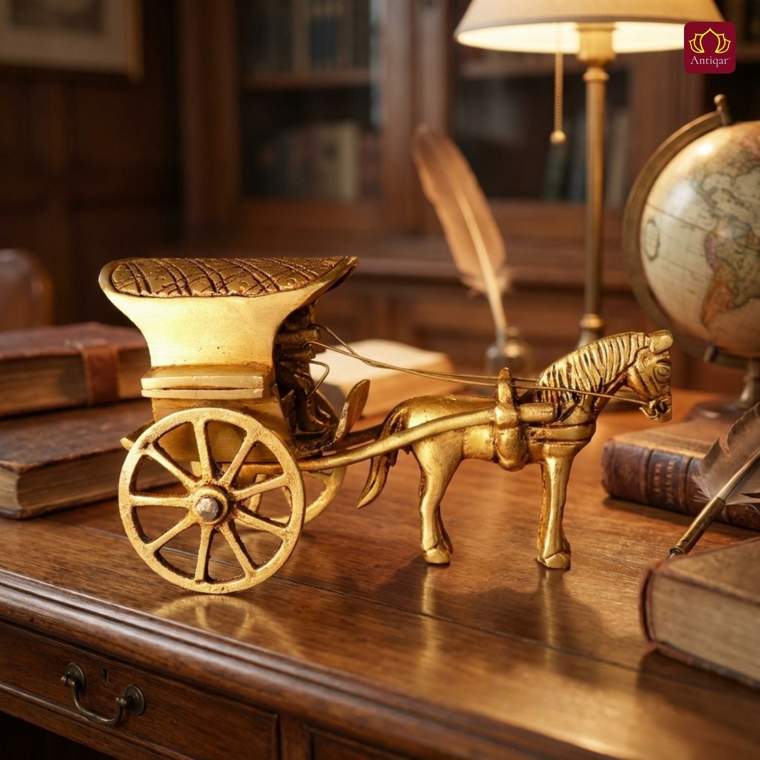 Brass Horse Cart Showpiece – 7.5 cm | Single Horse with Carved Roof | Antique Golden Finish | Handcrafted Decor for Festival, Temple & Home