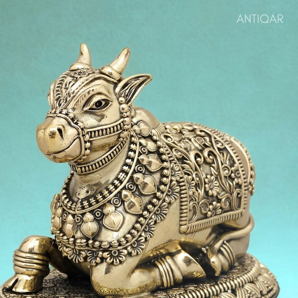 Brass Nandi Figurine with Base - 5cm | Antique Finish | Spritual use for Home, Temple & Car Dashboard Decor
