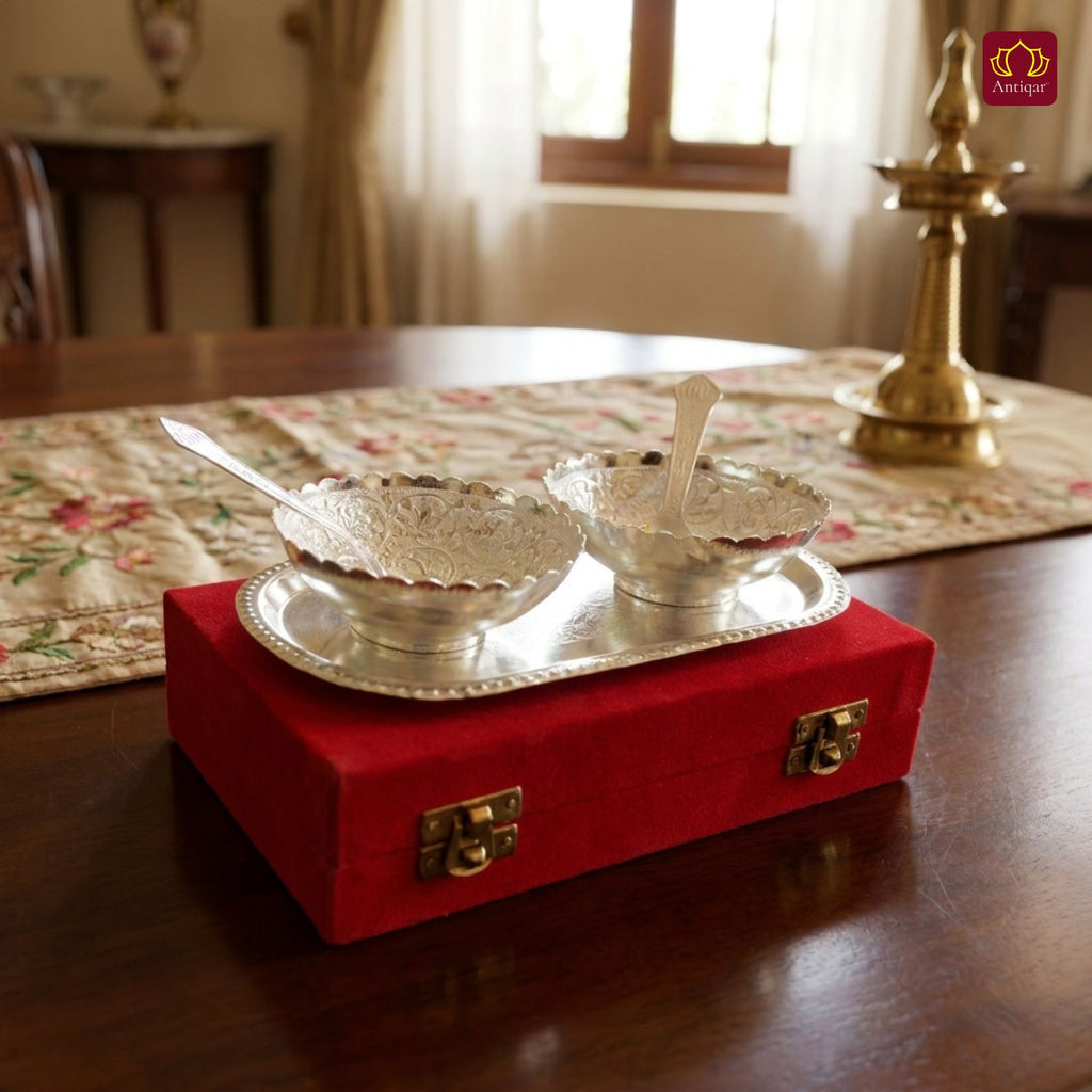 Royal Dry Fruit & Paan Dan Serving Set | Silver Plated | Red Velvet Box | Set of 5 | Handcrafted Artistry | Festive & Decorative Showpiece