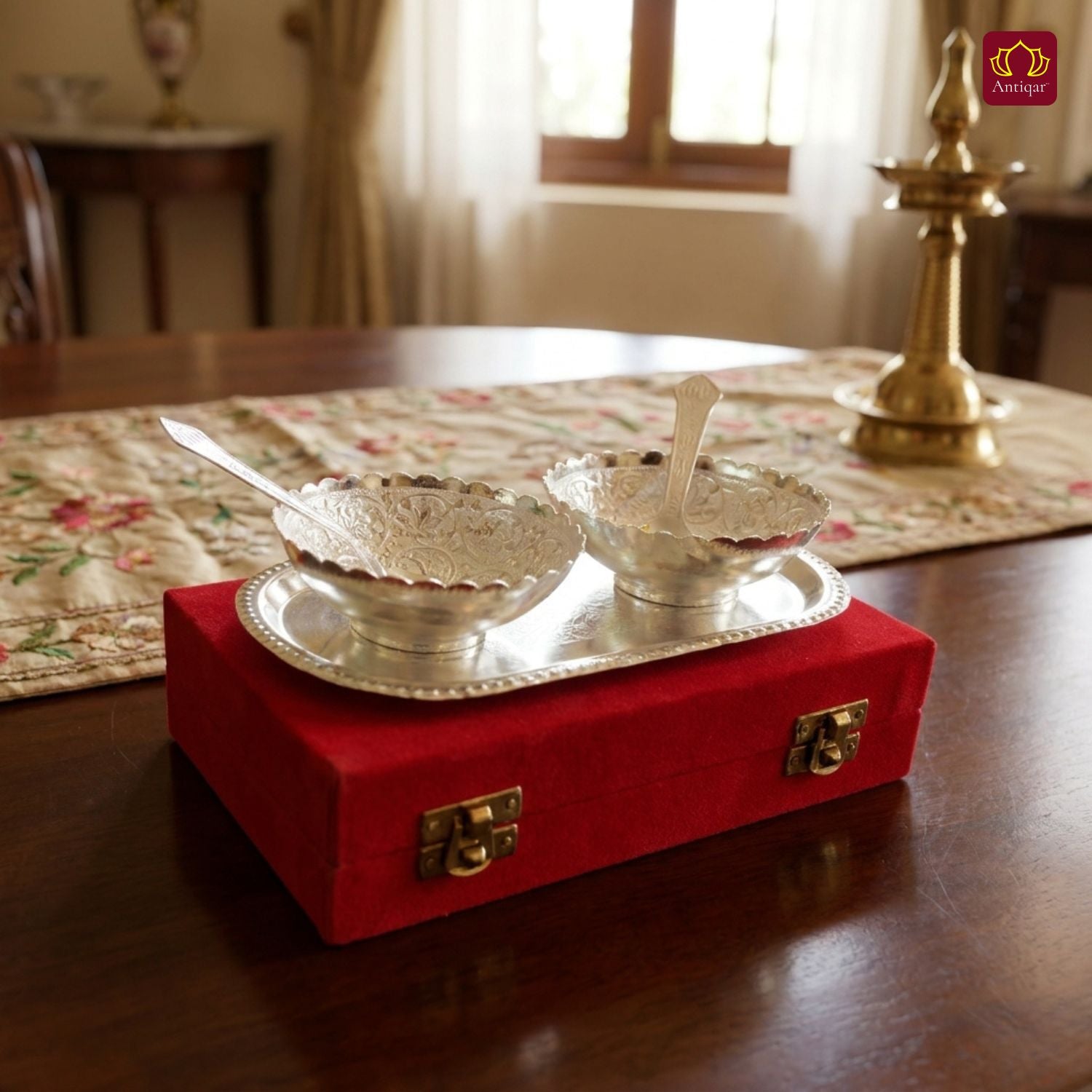 Royal Dry Fruit & Paan Dan Serving Set | Silver Plated | Red Velvet Box | Set of 5 | Handcrafted Artistry | Festive & Decorative Showpiece