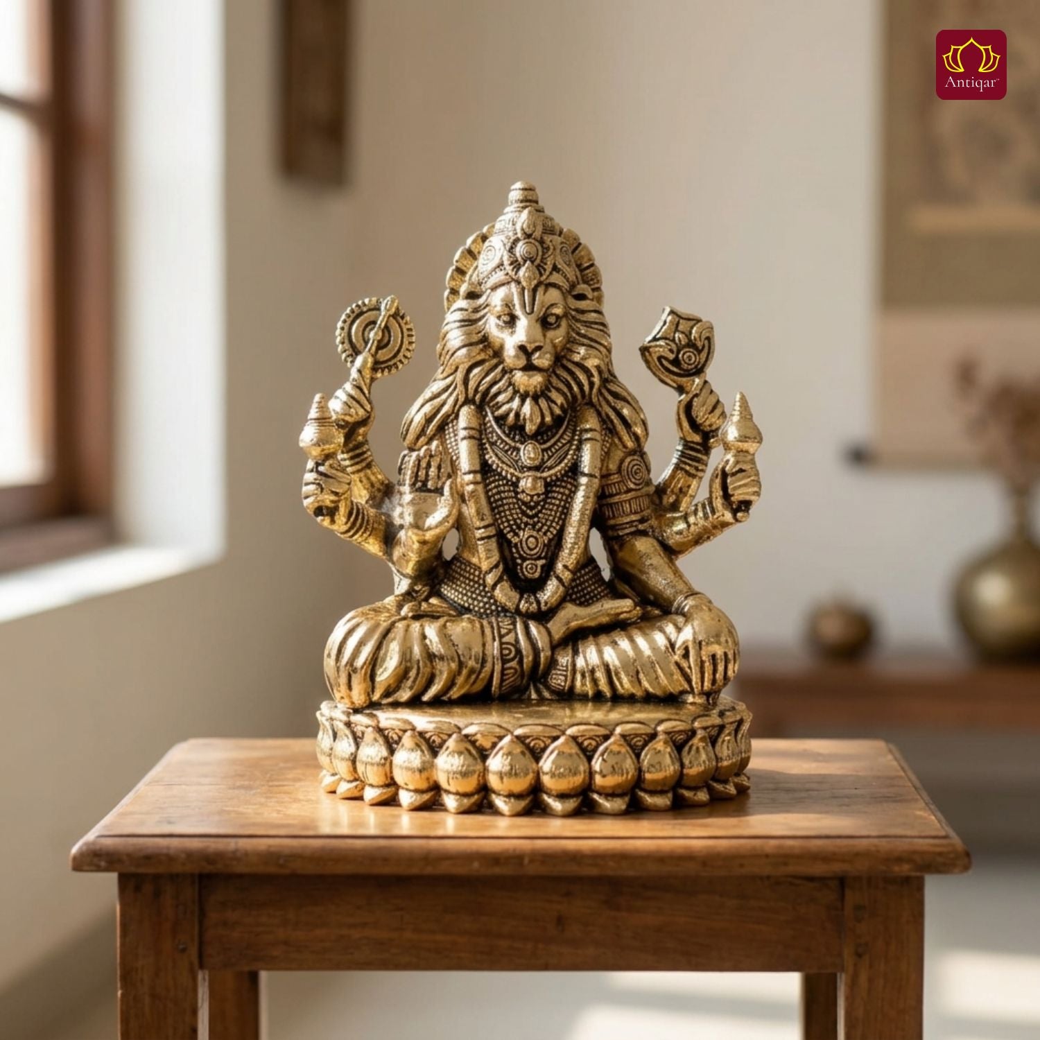 Brass Narsimha Ji Idol - 4.5cm  | Golden Finish | Spiritual Idol for Home, Office, Workshop, Temple & Car Dashboard Decor
