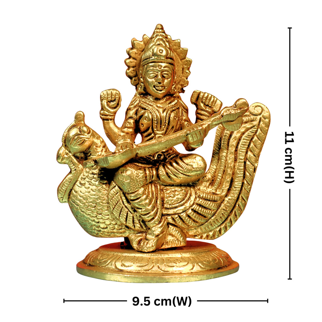 Brass Saraswati Ji Idol – 11 cm | Sitting on Swan with Veena | Antique Golden Finish | Handcrafted for Temple & Home Decor