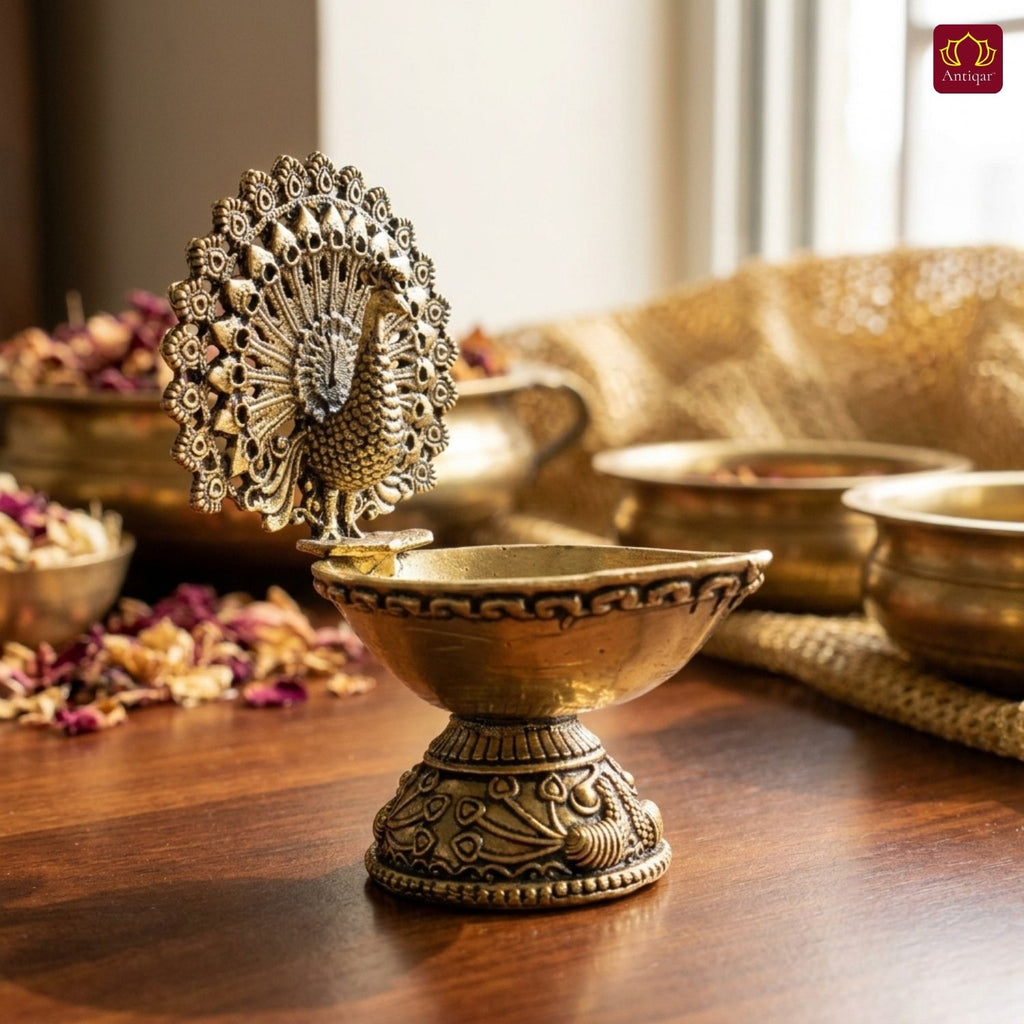 Brass Dancing Peacock on Diya - 7cm | Antique Finish | Spritual use for Pooja, Temple & Festival Decor