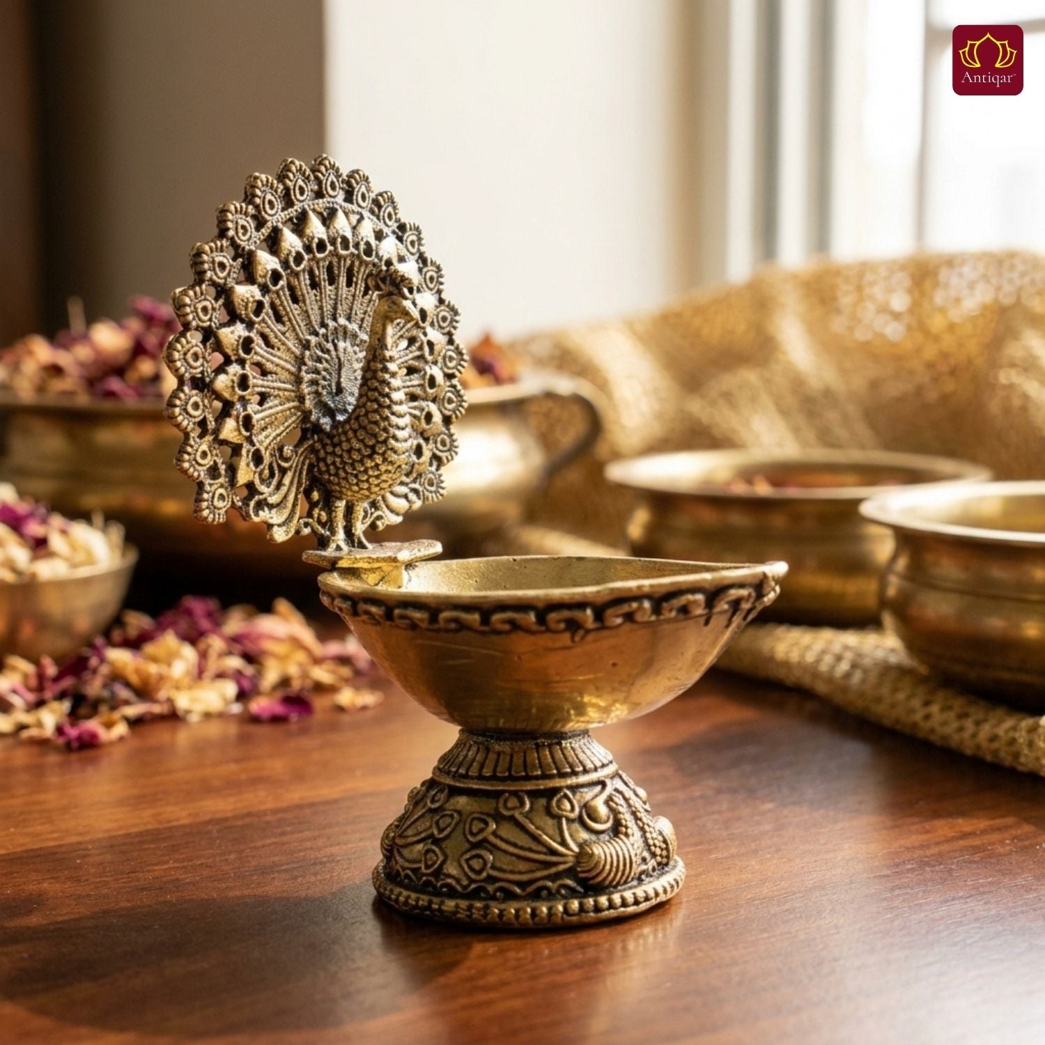 Brass Dancing Peacock on Diya - 7cm | Antique Finish | Spritual use for Pooja, Temple & Festival Decor