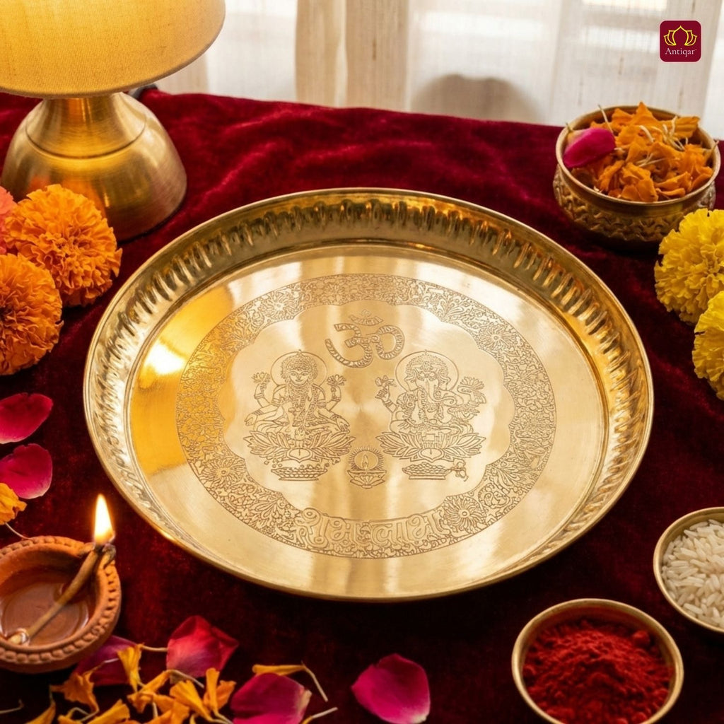 Brass Pooja Plate - 15.5cm diameter | Etched Design with Ganesh Laxmi, Diya & Shubh Labh | Ideal for Temple & Home Rituals