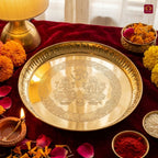 Brass Pooja Plate - 15.5cm diameter | Etched Design with Ganesh Laxmi, Diya & Shubh Labh | Ideal for Temple & Home Rituals