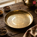 Brass Etching Design Plate - 2cm | Serve Main Course items in Lunch & Dinner | Antique Golden Finish | Traditional Mughlai Style use for serving in Kitchen, Festivals and Restaurents