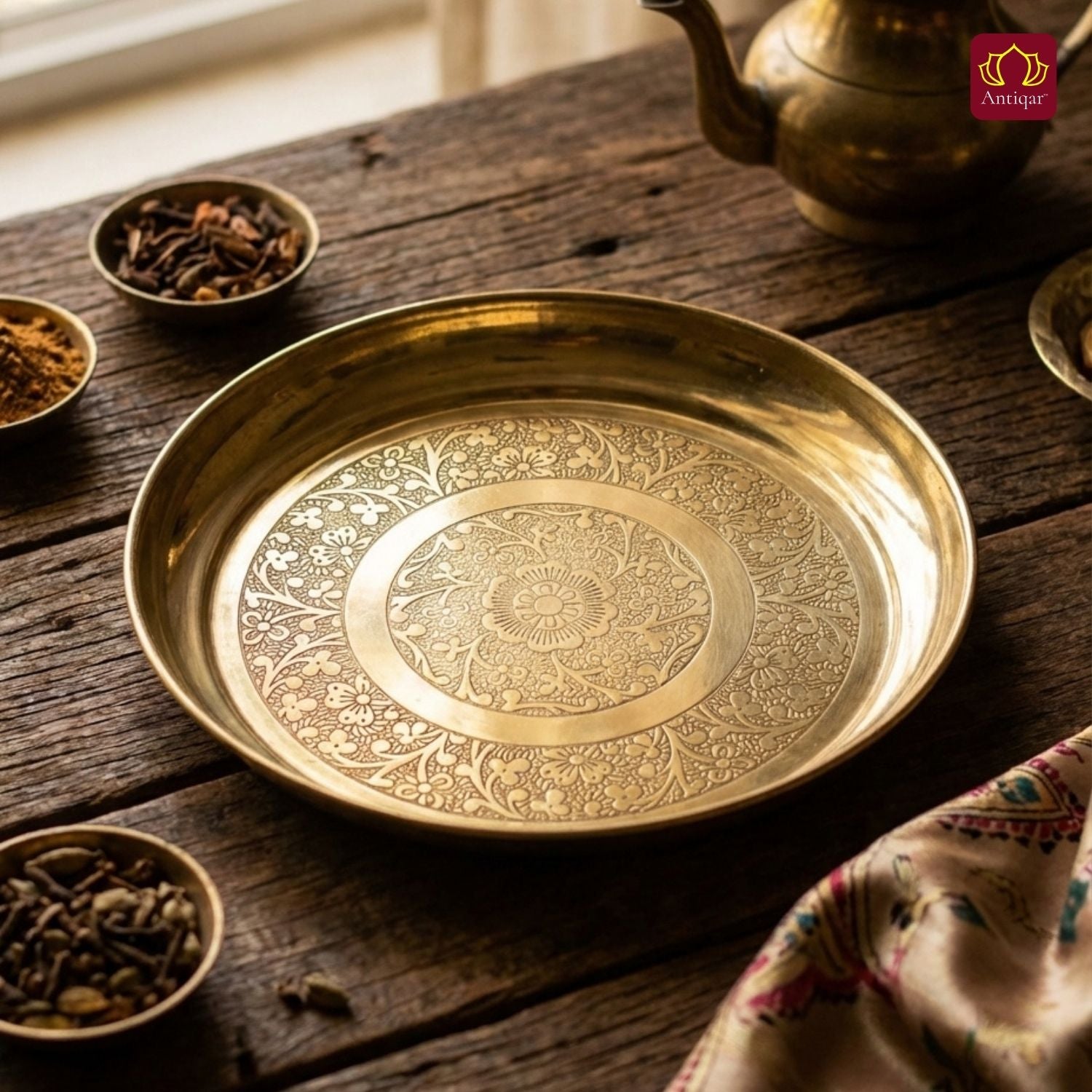 Brass Etching Design Plate - 2cm | Serve Main Course items in Lunch & Dinner | Antique Golden Finish | Traditional Mughlai Style use for serving in Kitchen, Festivals and Restaurents