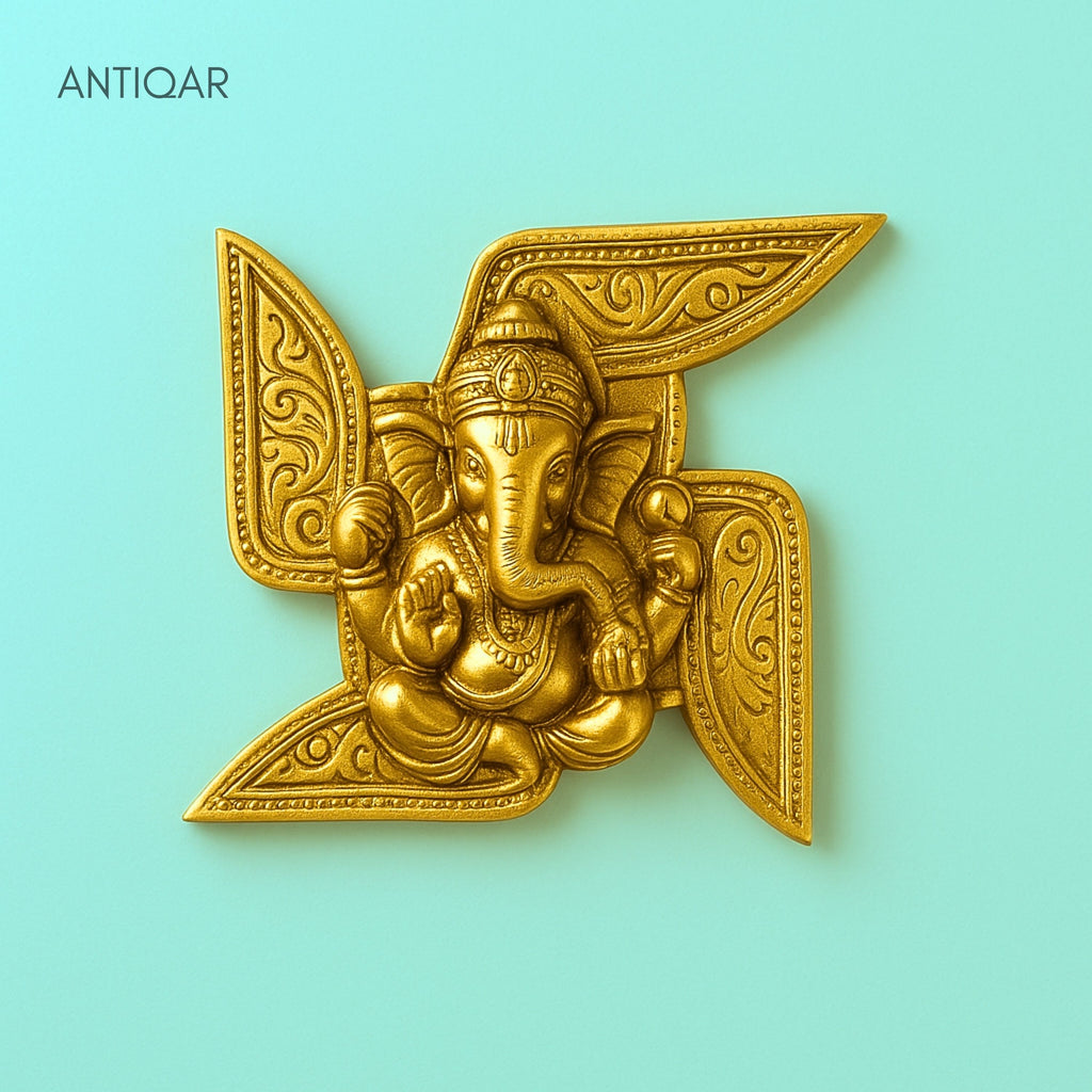 Brass Ganesha Swastik Wall Hanging – 17 cm | For Entrance and temple wall decor | Antique Golden Finish