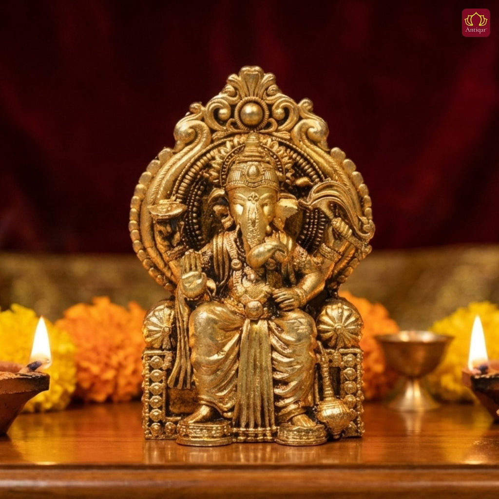 Brass Ganesh Ji Idol - 5cm | Sitting on Singhasan | Antique Golden Finish | Spiritual Idol for Temple & Home Decor