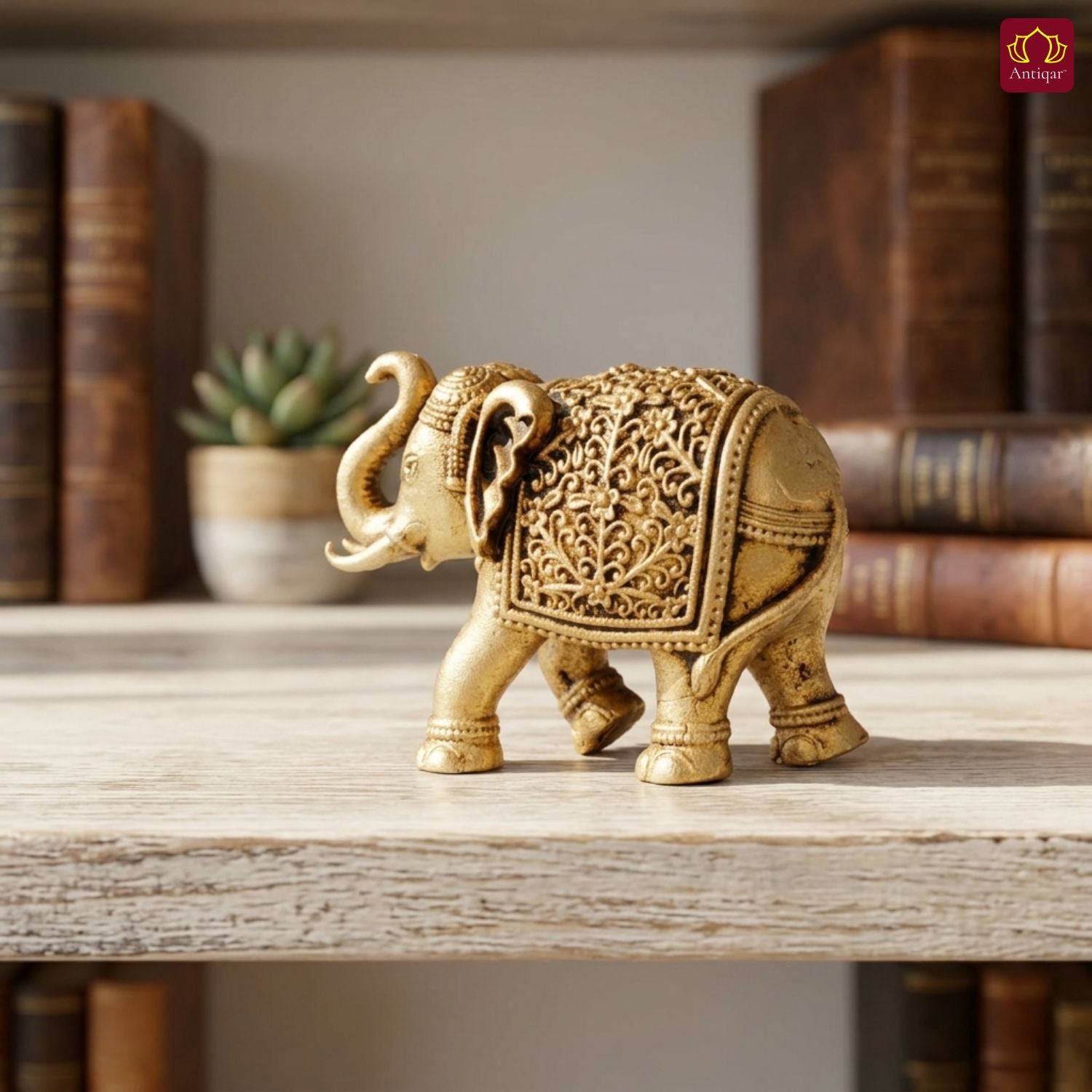 Brass Elephant Showpiece in Vintage Design - 4cm | Antique Golden Finish | Decorative Figurines for Temple, Home & Office