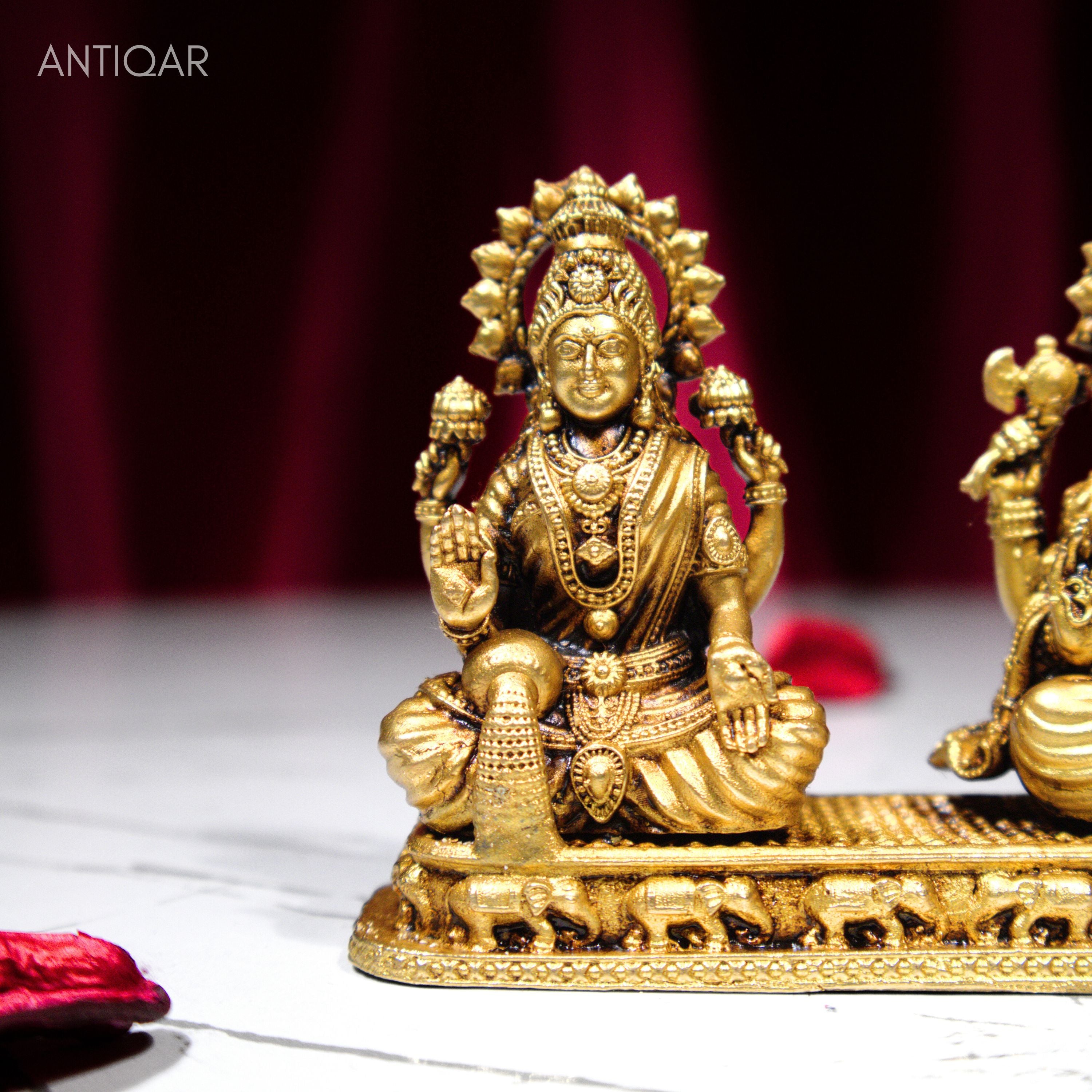 Brass Ganesh Laxmi Idol - 7.5 cm | Antique Finish | Spiritual Idol for Temple & Home Decor (One Set)