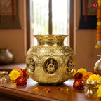 Brass Ashta Lakshmi Kalash - 18cm | Antique Yellow Finish | Spritual use for Pooja, Temple & Festival Decor